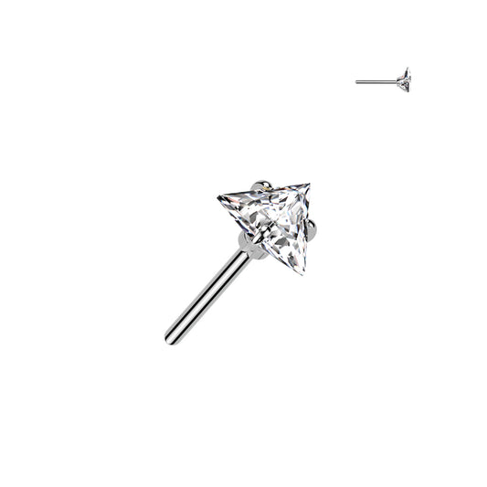 Single silver stud earring with triangular gemstone.