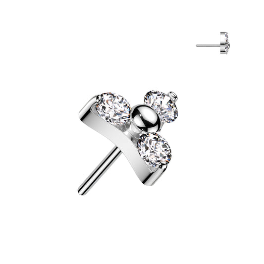 Silver earrings with 3 clear gemstones, shaped like a petal.