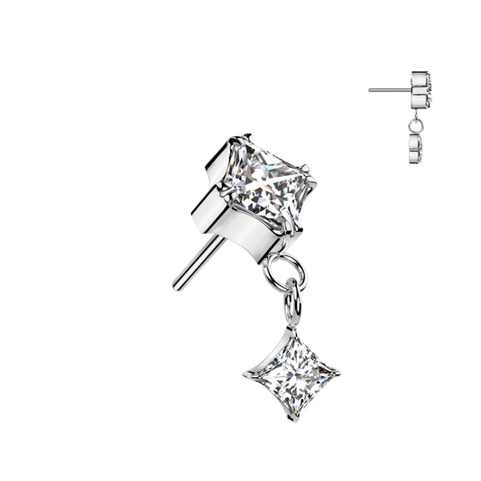 Silver princess cut earring with dangle