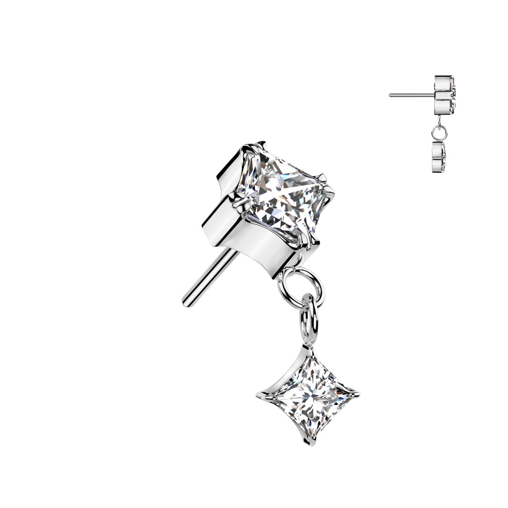 Silver princess cut earring with a dangle.