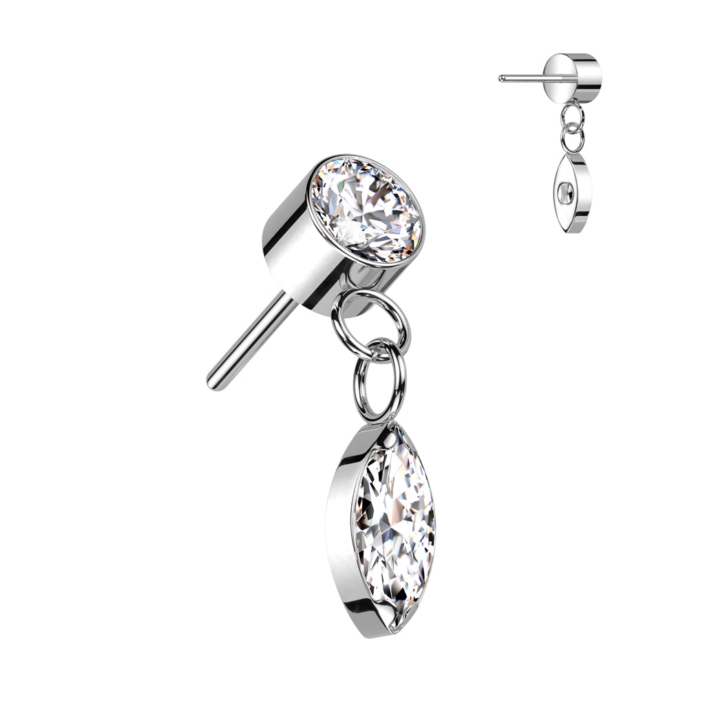 Silver earring with a marquise dangle.