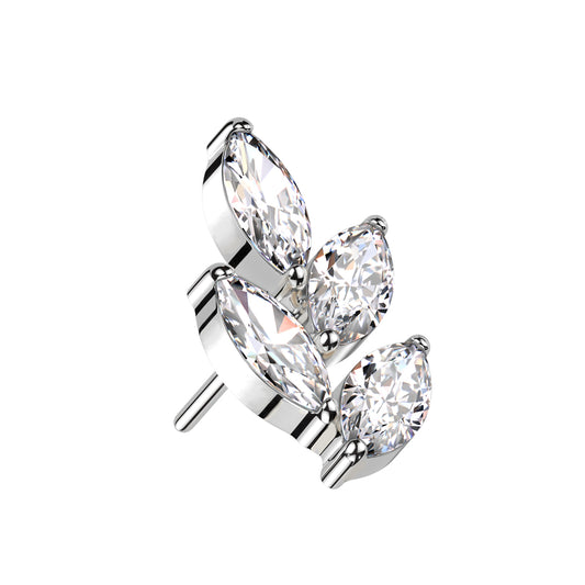 Silver earring with clear gemstones shaped like a leaf