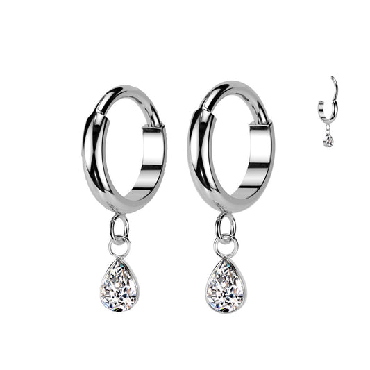 Silver hoop earrings with teardrop-shaped crystals.