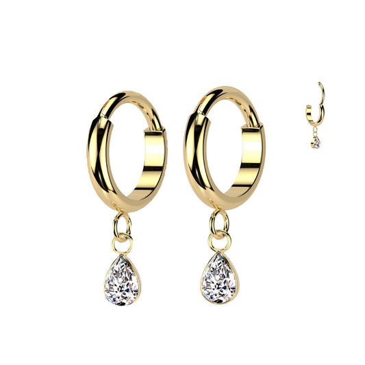 Pair of gold hoop earrings with teardrop-shaped crystals.