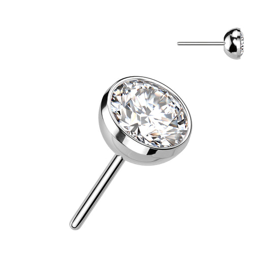 Silver stud earring with a clear gemstone.