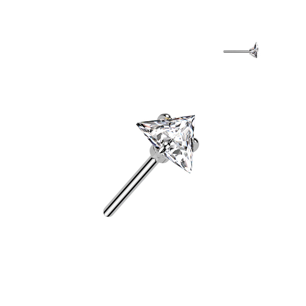 Single silver stud earring with triangular gemstone.