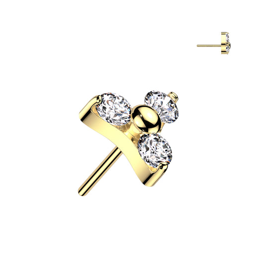 Gold earrings with 3 clear gems, shaped like a petal.