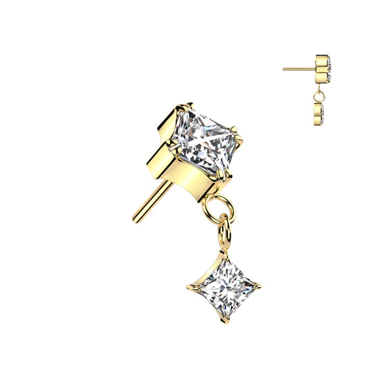 Gold princess cut earring with dangle.