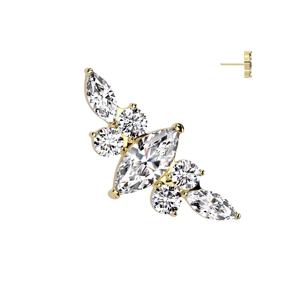 Gold and crystal earring shaped like a crown.