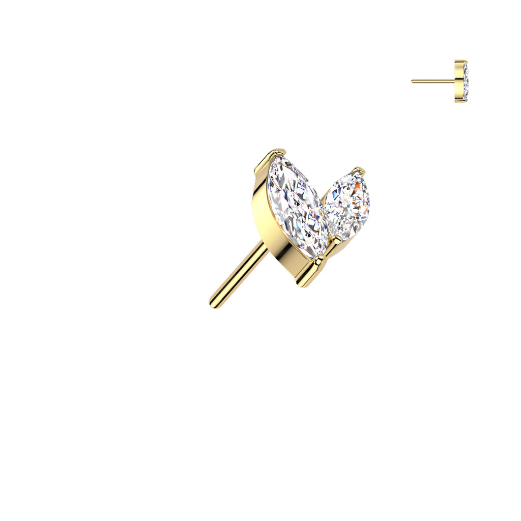 Gold earring shaped like a double marquise.