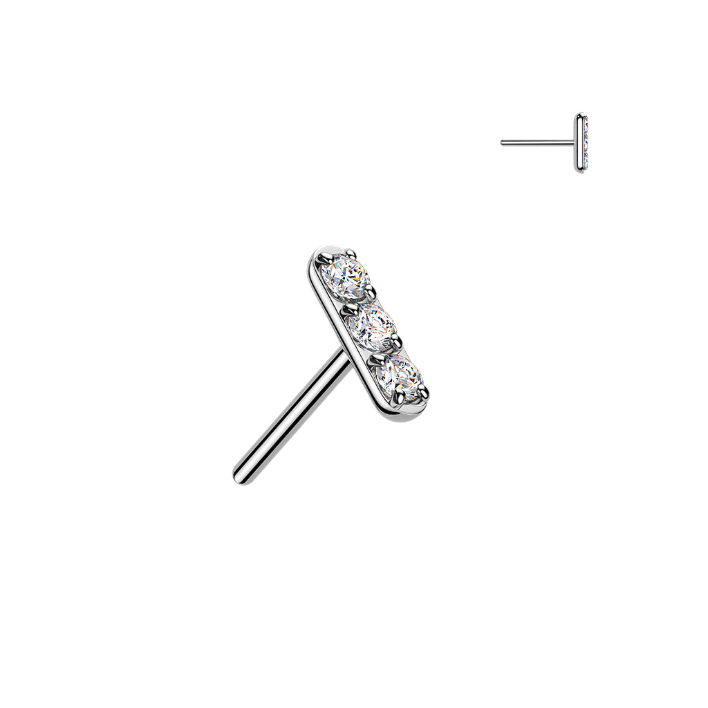 Silver earring with three clear gemstones, shaped like a mini bar.
