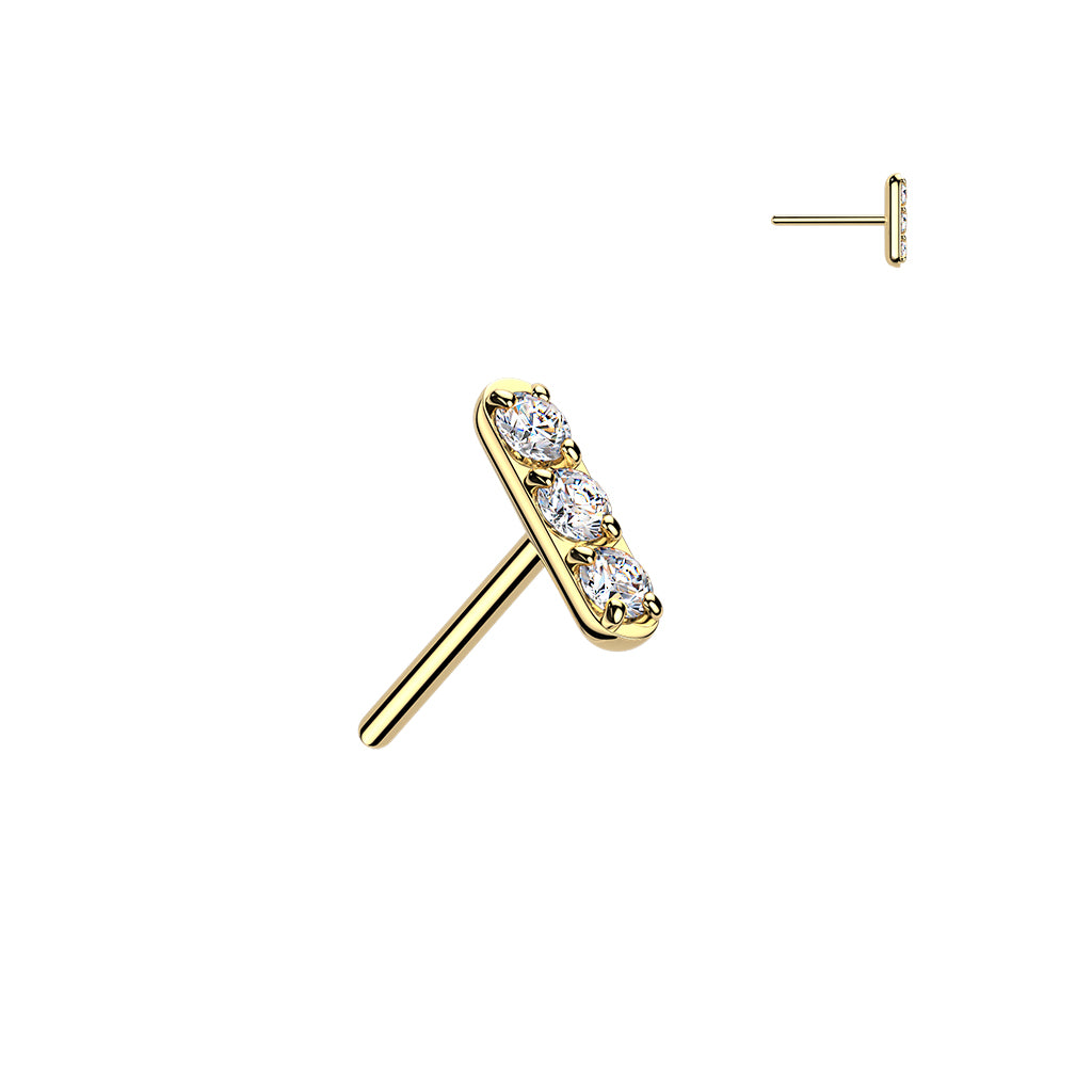 Gold earring with three clear gemstones, shaped like a mini bar.