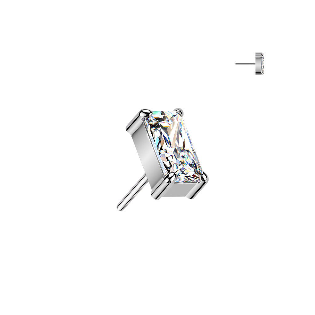 Silver stud earring with a clear gemstone, rectangular shaped.