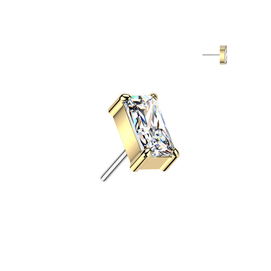 Gold stud earring with a large clear gemstone, rectangular shaped.