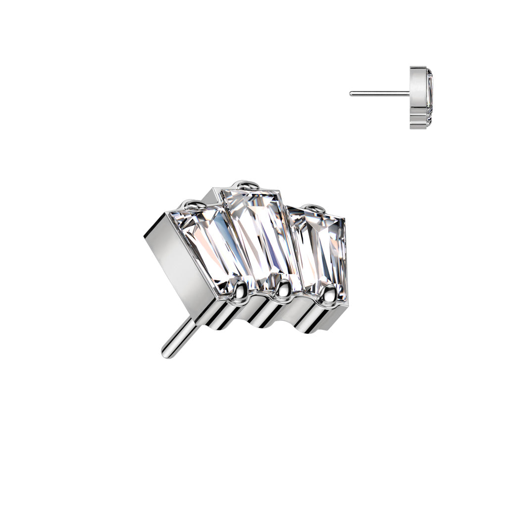 Silver earring with clear gemstones shaped like a baguette cluster.