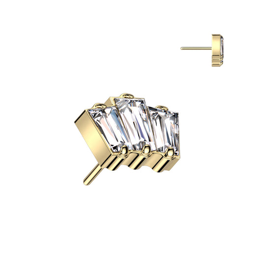 Gold earrings with clear gemstones shaped like a baguette cluster.