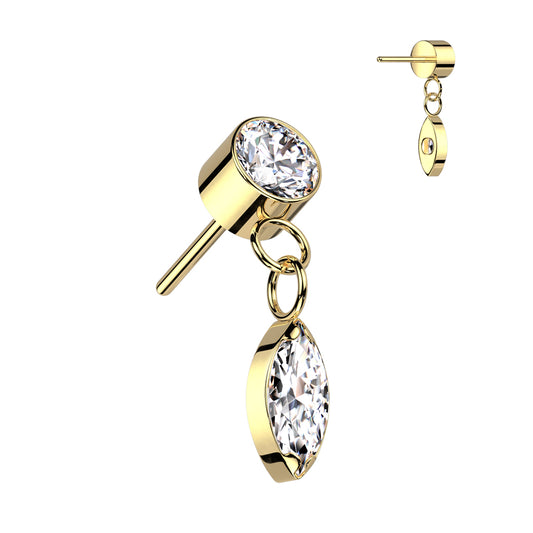 Gold earring with a marquise dangle.
