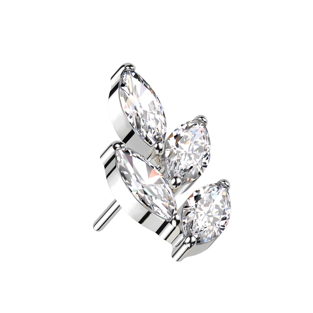 Silver earring with clear gemstones shaped like a leaf