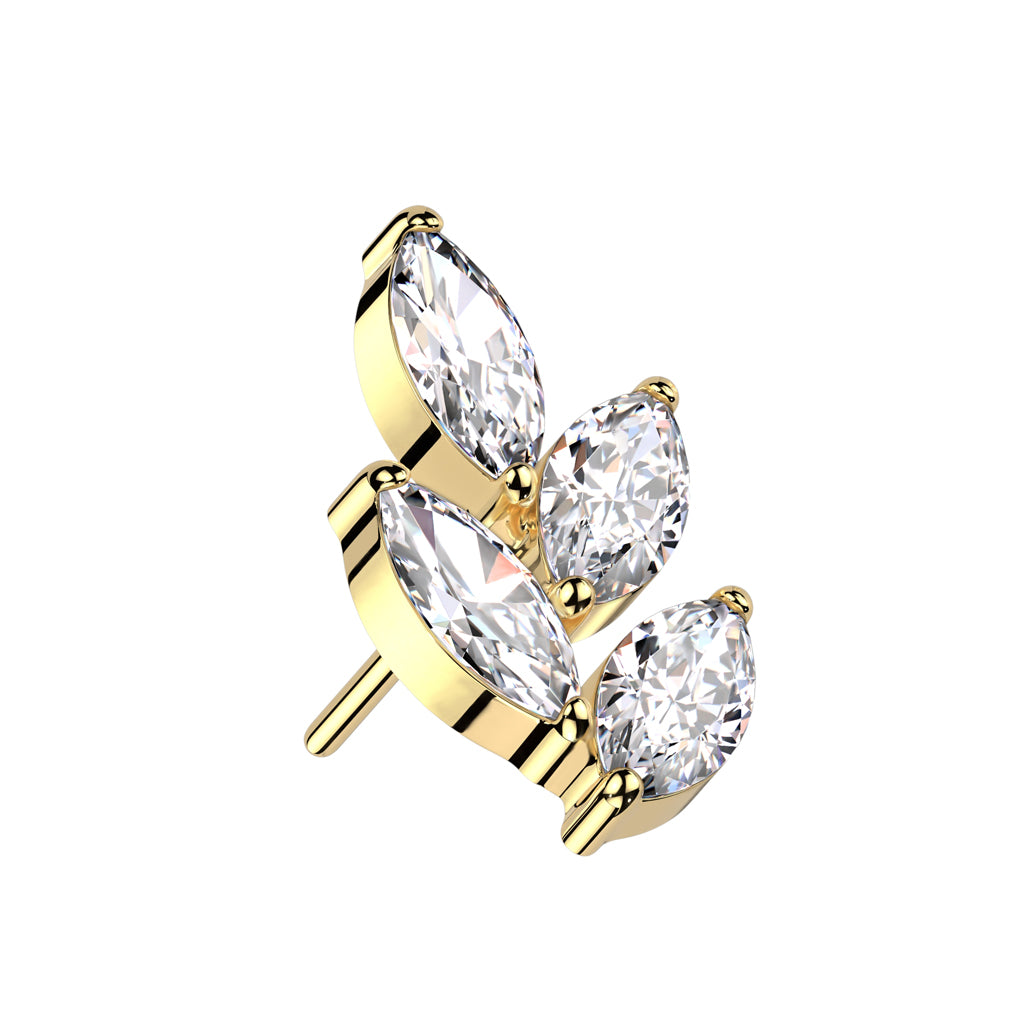 Gold earrings with clear gemstones shaped like a leaf.